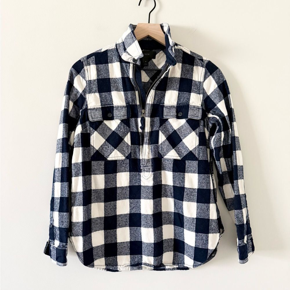 J. Crew Half Zip Cotton Wool Blend Pull Over in Navy and White Plaid Size XS